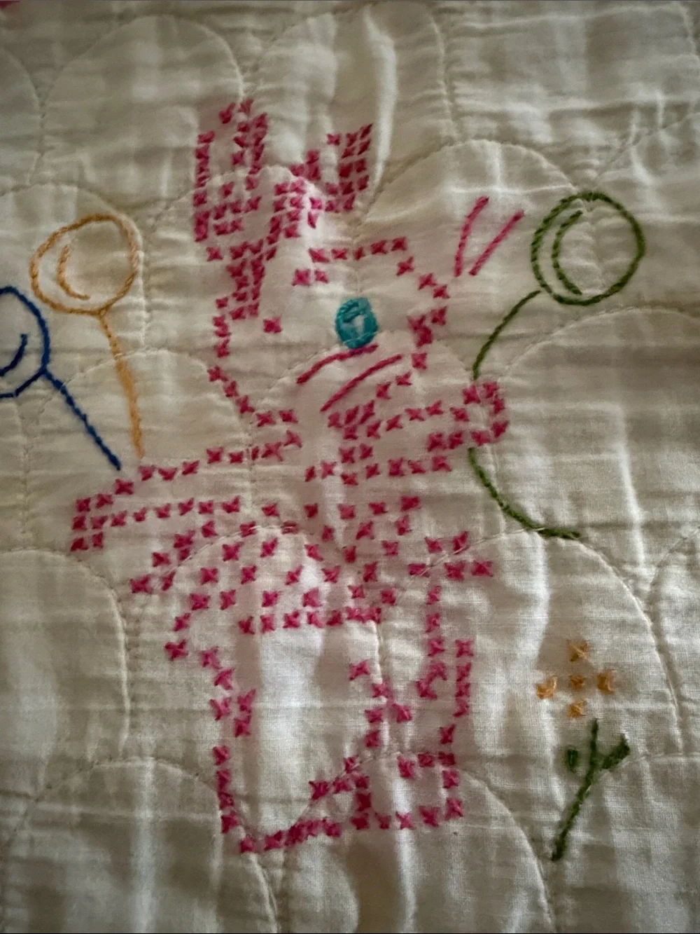 Pink and White Embroidered Baby Quilt - Cute Animal Patchwork handmade vintage